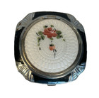 Vintage Art Deco White Guilloche Enamel Compact Mirror Vanity Hand Painted Roses