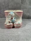 Vintage Baby Booties Teddy Bear Ceramic Planter Pink Blue Nursery Decor 1970s