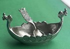 Vintage Norwegian Handstopt Tpb Tinn Pewter Viking Ship Salt Cellar W  Spoon