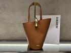 Women s Brown Leather Mini Bucket Tote Bag  Gold Ring Accent Shoulder Handbag
