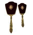 Vtg Ornate Antique Velvet Cameo Vanity Set Hair Brush Mirror 14k Gold Plate Usa