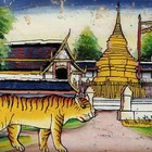 Vintage Northern Thai Reverse Glass Painting Of A Golden Chedi And A Tiger