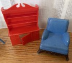 Vntg Lot Doll House Furniture-renwal Chair   Hutch  Wood Decorated Table Chairs
