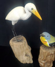 Three Vintage Hand Carved And Painted Wood Birds On Driftwood Pilons Wire Mount