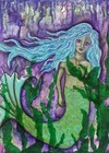 Original Aceo Print Blue Hair Green Mysterious Dreamy Mermaid Art - Dark Waters