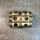 Vintage Camel Bone Brass Stone Decorated Velvet Lined Hinged Jewelry Trinket Box
