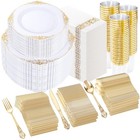 700 Piece White And Gold Plastic Dinnerware Set For 100 Guests - Disposable Plat