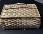 Vintage Wicker Sewing Basket With Satin Lining  Woodgrain Bottom  12x7x5