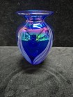 Art Glass Vase Iridescent Pulled Feather Design On Cobalt Blue