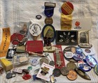 Vtg Junk Drawer Lot-tokens-pinbacks-pins-stamps-ribbons-cigar Box