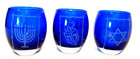Party Lite  Judaic Votive Candle Holders Blue Etched Glass Trio Decorative