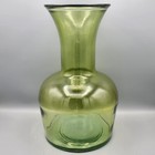 Vintage Green Glass Heavy Round Shaped Rimmed Bulbous 12  Tall Vase