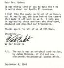 Walter Cronkite Signed 1969 Letter Apollo 11 Broadcast Cbs Tv News Space Nasa