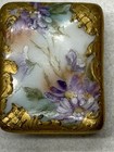Scarce Antique Hand Painted Porcelain Rectangular Flowers With Gilt Border