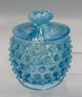 Fenton Art Glass Blue Opalescent Hobnail 4 5  Cruet   Lidded Mustard Jar Mint