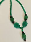 Chinese Carved Jade Faceted Green Bead Leaf Garnet Sterling Clasp Necklace 
