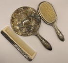 Vintage Silver Plated 3 Pc Vanity Set  Hand Mirror  Hair Brush And Comb