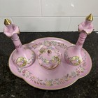 Three Pc Ardalt Porcelain Pink Gold Floral Vanity Set Ewer Decanter Hand Painted