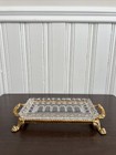 Vintage Glass   Gold Metal Footed Tray Ornate Handles Vanity Jewelry Display