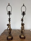 Vintage Pair French Style Brass Putti Cherub Table Lamps- Hollywood Regency