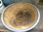 Lg Antique Wood Dough Bowl W Wide Rim Blue  Milk Paint 14-1 2 