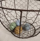 Vintage Chicken Wire Metal Egg Gathering Basket W wooden Handle - 4 Wood Eggs