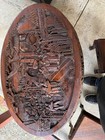 Chinese Brown Carved Wood Table From China With 2 Matching Stools  Antique Style