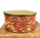 Vintage Guildcraft Fruit Cake Cookie Tin Red Gold Embossed Lion Scrolls 8   