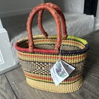 African Bolga Ghana Market Ovel Basket Hand Woven Leather Wrap Handles Tote Bag