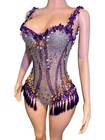 Sparkly Rhinestones Sequins Tassels V Neck Bodysuit Sexy Performance Costume 