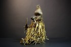 African Tribal Ritual Figure Carved Wood With Straw Robe Ceremony Art-g4818