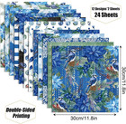 Blue Floral Scrapbook Paper 12x12 Double Sided - 24 Sheets Watercolor Flower Pri