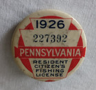 Vintage 1926 Pennsylvania Pa Resident Fishing License Pin Back Button Paperwork