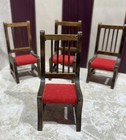 Vtg Concord Dollhouse Miniatures Oak Wood Dining Table 4 Red Lined Chairs  Nwob