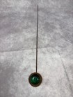 Antique Green Glass Hat Pin Vintage Gold Tone Serrated Bezel Stick Pin Read