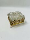 Vintage 70s Gold Ornate Floral Glass Jewelry Casket Trinket Box Regency Mcm