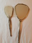 Vintage Vanity Hand Held Mirror And Brush Set Metal Gold Toned