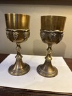 Pair  2  Vintage Solid Brass Wine Goblets chalice W embossed Grapevine Motif