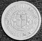 1938 Uk Three Pence -  Silver George Vi