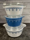Pyrex Snowflake Garland Blue Casserole Dish Set  473 474 475   W lids  Vintage 