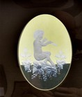 Art Nouveau Engraved Glass Plaque Cherub  putti  W  Flute 8 5  X 6 5  C 1925