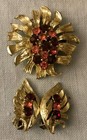 Vintage Earrings And Pin Set With Red And Pink Rhinestones