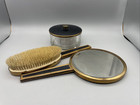Vintage Black   Gold Art Deco Vanity Dresser Set 3 Pieces - Brush Mirror Compact