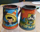 Vintage Tin Litho  Two Cups   Two Pitchers  Mickey Mouse   Mexican Theme 