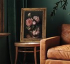 Gold Framed Vintage Dark Floral Canvas Wall Art Moody Flower Picture Wall 