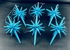 6 Vtg Atomic Starburst Sputnik Christmas Tree Ornaments Aqua Velvety Fuzz 5 5   