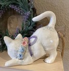 Lefton Kitten Cat Porcelain Figurine White Floral Wreath Bow Blue Eyes Vtg   6 