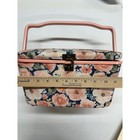 Vtg Sewing Basket Box Pink Floral Fabric Organizer With Thread Notions Kit Tools