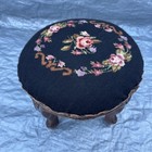 Vintage Carved Wood Foot Stool Ottoman Floral Needlepoint Seat Black Antique