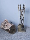 Vintage Brushed Antique Brass 5 Piece Fireplace Tool Set   Wood Bucket